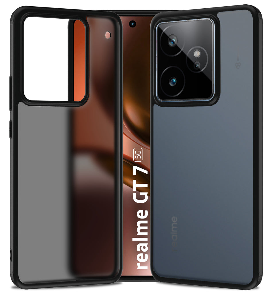Rugged Frosted Semi Transparent PC Shock Proof Slim Back Cover for Realme GT 7, Realme GT 7T 5G, 6.8 inch, Black