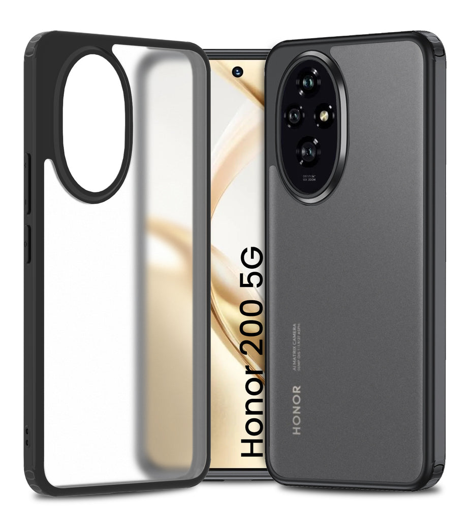 Rugged Frosted Semi Transparent PC Shock Proof Slim Back Cover for Honor 200 5G, 6.7 inch, Black