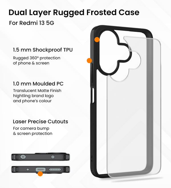 Poco M6 Plus 5G, Redmi 13 5G (6.79 inch) Back Cover | Rugged Frosted Series, Black
