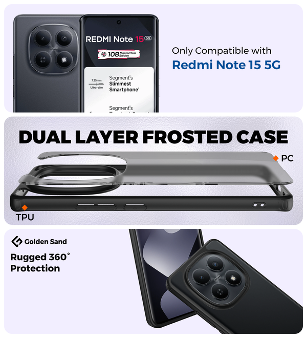 Redmi Note 15 5G (6.77 inch) Back Cover | Rugged Frosted Series, Black