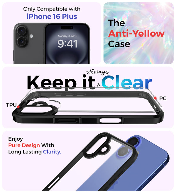 Apple iPhone 16 Plus (6.7 inch) Back Cover | Ice Crystal Series [Anti Yellow], (Transparent Black)