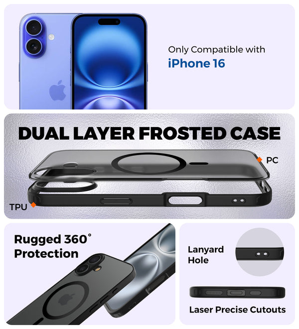 Apple iPhone 16 (6.1 inch) Back Cover | Rugged Frosted MagSnap Series, Black