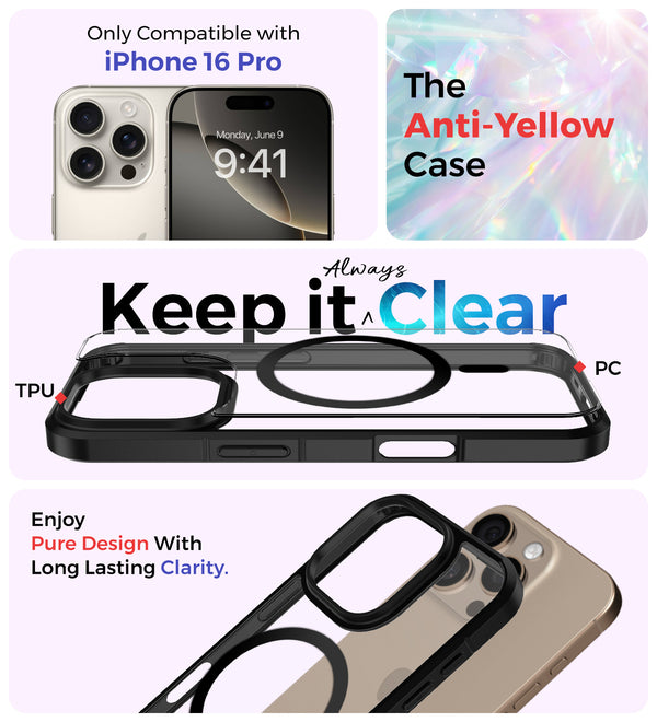 Apple iPhone 16 Pro (6.3 inch) Back Cover | Ice Crystal MagSnap Series [Anti Yellow], (Transparent Black)