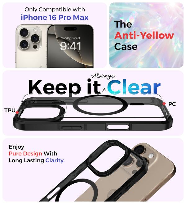Apple iPhone 16 Pro Max (6.9 inch) Back Cover | Ice Crystal MagSnap Series [Anti Yellow], (Transparent Black)