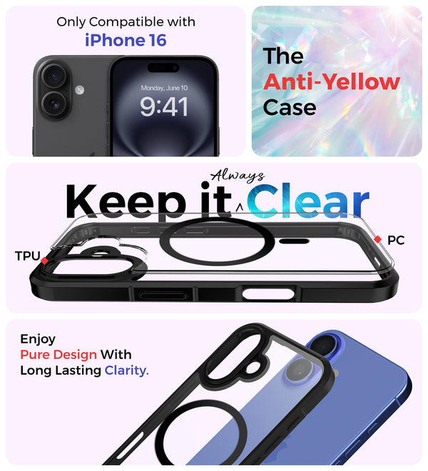 Apple iPhone 16 (6.1 inch) Back Cover | Ice Crystal MagSnap Series [Anti Yellow], (Transparent Black)