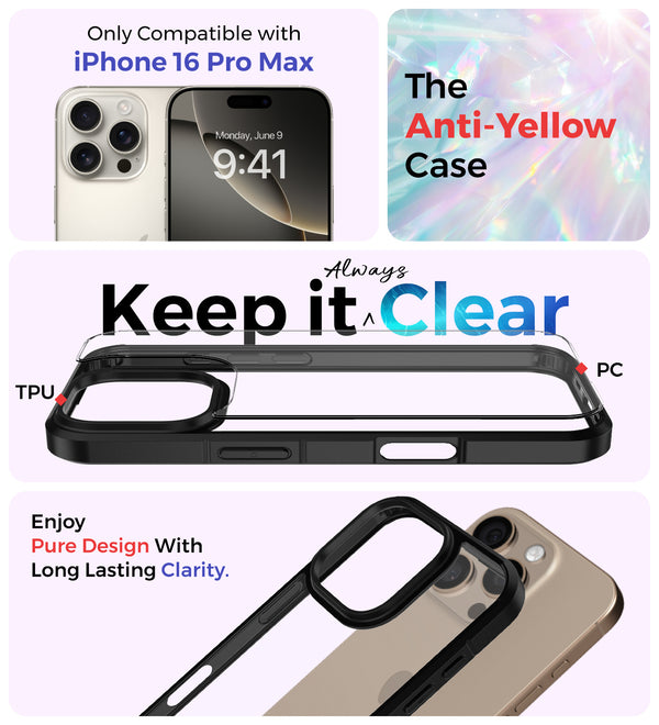Apple iPhone 16 Pro Max (6.9 inch) Back Cover | Ice Crystal Series [Anti Yellow], (Transparent Black)