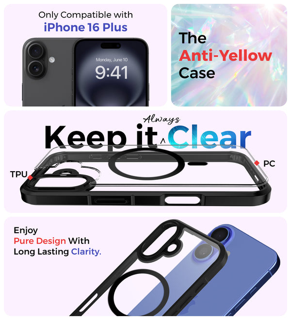 Apple iPhone 16 Plus (6.7 inch) Back Cover | Ice Crystal MagSnap Series [Anti Yellow], (Transparent Black)