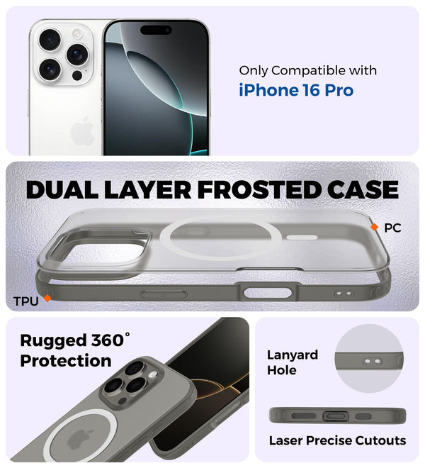 Apple iPhone 16 Pro (6.3 inch) Back Cover | Rugged Frosted MagSnap Series, Grey