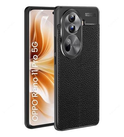 Vegan Leather Rugged Flexible TPU Series Shockproof Armor Back Cover for OPPO Reno 11 Pro 5G, 6.7 inch, Black