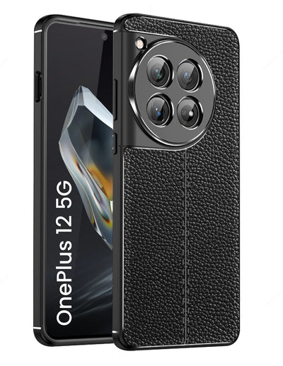 Vegan Leather Rugged Flexible TPU Series Shockproof Armor Back Cover for OnePlus 12 5G, 6.82 inch, Black