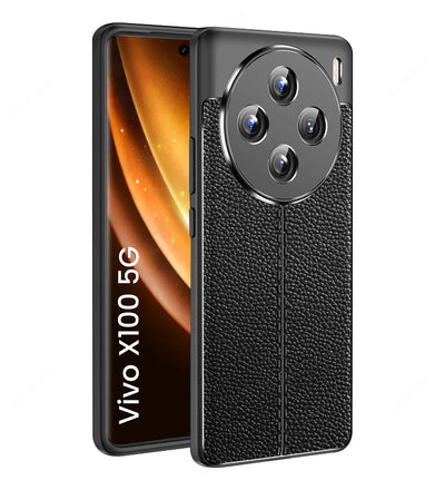 Vegan Leather Rugged Flexible TPU Series Shockproof Armor Back Cover for Vivo X100 5G, 6.78 inch, Black