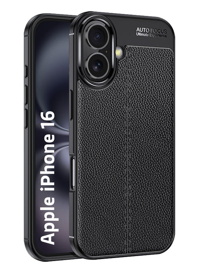Vegan Leather Rugged Flexible TPU Series Shockproof Armor Back Cover for Apple iPhone 16, 6.1 inch, Black
