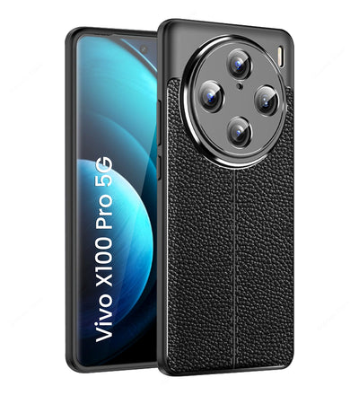 Vegan Leather Rugged Flexible TPU Series Shockproof Armor Back Cover for Vivo X100 Pro 5G, 6.78 inch, Black