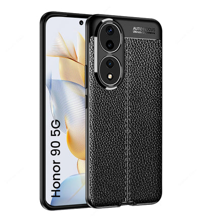 Vegan Leather Rugged Flexible TPU Series Shockproof Armor Back Cover for HONOR 90 5G, 6.7 inch, Black