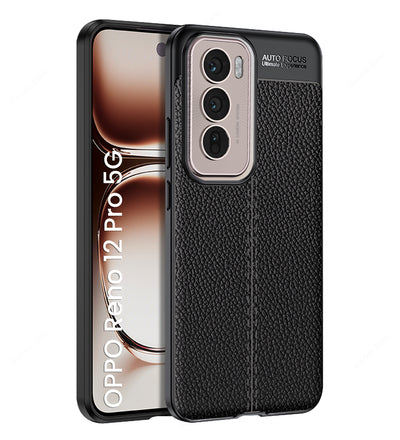 Vegan Leather Rugged Flexible TPU Series Shockproof Armor Back Cover for OPPO Reno 12 Pro 5G, 6.7 inch, Black