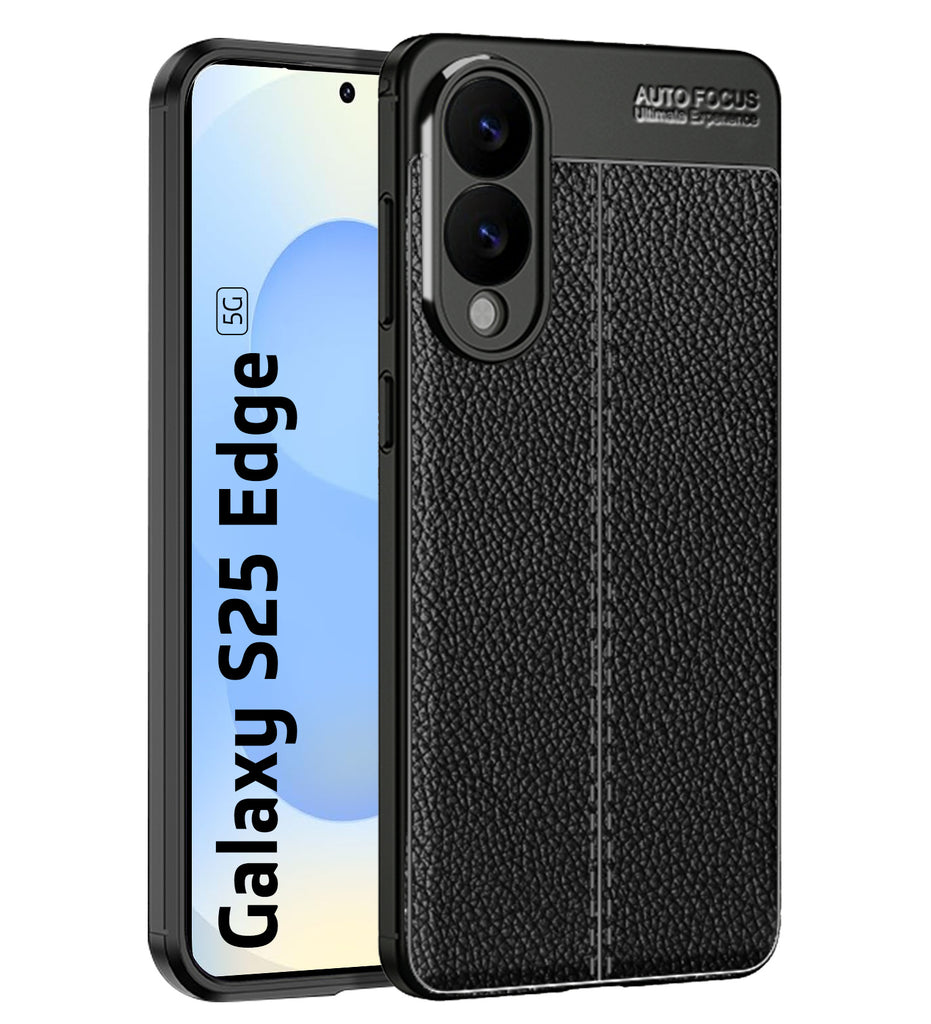 Vegan Leather Rugged Flexible TPU Series Shockproof Armor Back Cover for Samsung Galaxy S25 Edge 5G, 6.66 inch, Black