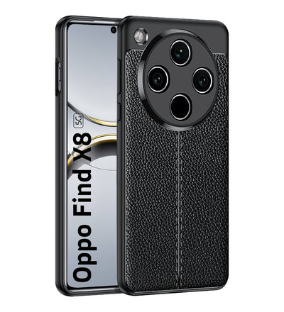 Vegan Leather Rugged Flexible TPU Series Shockproof Armor Back Cover for Oppo Find X8 5G, 6.59 inch, Black
