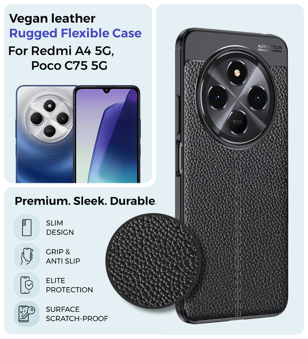POCO M7 5G, Redmi 14C 5G, Redmi A4 5G, POCO C75 5G (6.88 inch) Back Cover | Vegan Leather Series, Black