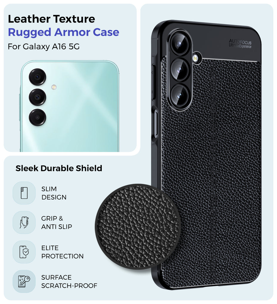 Vegan Leather Rugged Flexible TPU Series Shockproof Armor Back Cover for Samsung Galaxy A16 5G, 6.7 inch, Black Golden Sand Vegan Leather Rugged Flexible TPU Series Shockproof Armor Back Cover for Samsung Galaxy A16 5G, 6.7 inch, Black Golden Sand