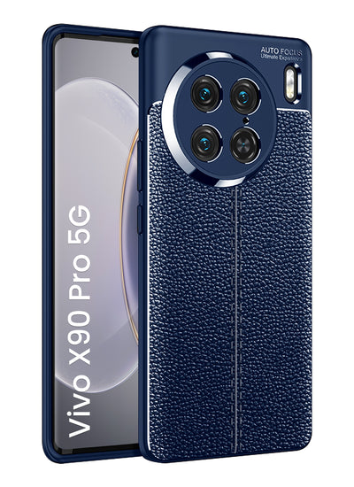 Vegan Leather Rugged Flexible TPU Series Shockproof Armor Back Cover for Vivo X90 Pro 5G, 6.78 inch, Blue
