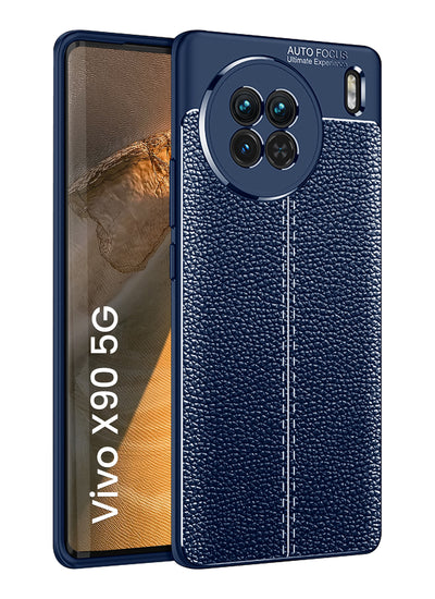 Vegan Leather Rugged Flexible TPU Series Shockproof Armor Back Cover for Vivo X90 5G, 6.78 inch, Blue