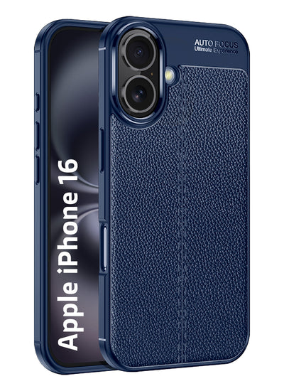 Vegan Leather Rugged Flexible TPU Series Shockproof Armor Back Cover for Apple iPhone 16, 6.1 inch, Blue