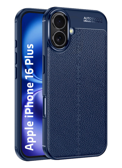 Vegan Leather Rugged Flexible TPU Series Shockproof Armor Back Cover for Apple iPhone 16 Plus, 6.7 inch, Blue