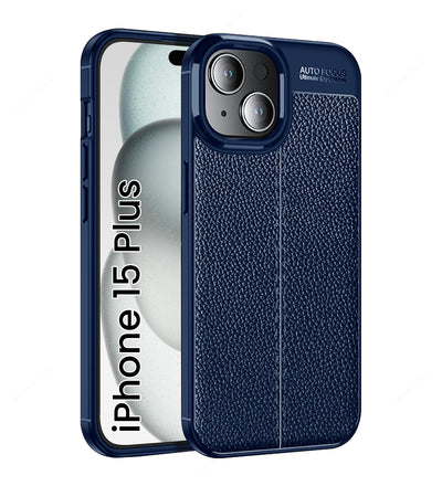 Vegan Leather Rugged Flexible TPU Series Shockproof Armor Back Cover for Apple iPhone 15 Plus, 6.7 inch, Blue