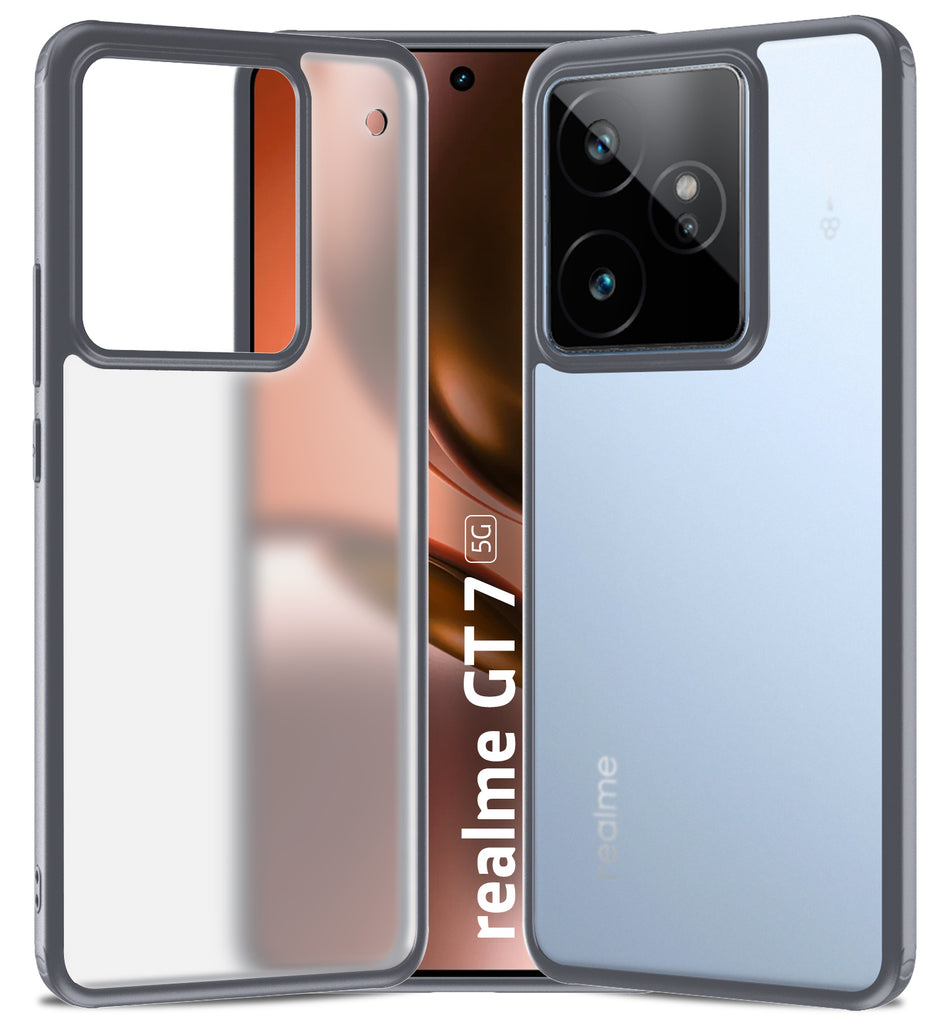Rugged Frosted Semi Transparent PC Shock Proof Slim Back Cover for Realme GT 7, Realme GT 7T 5G, 6.8 inch, Grey