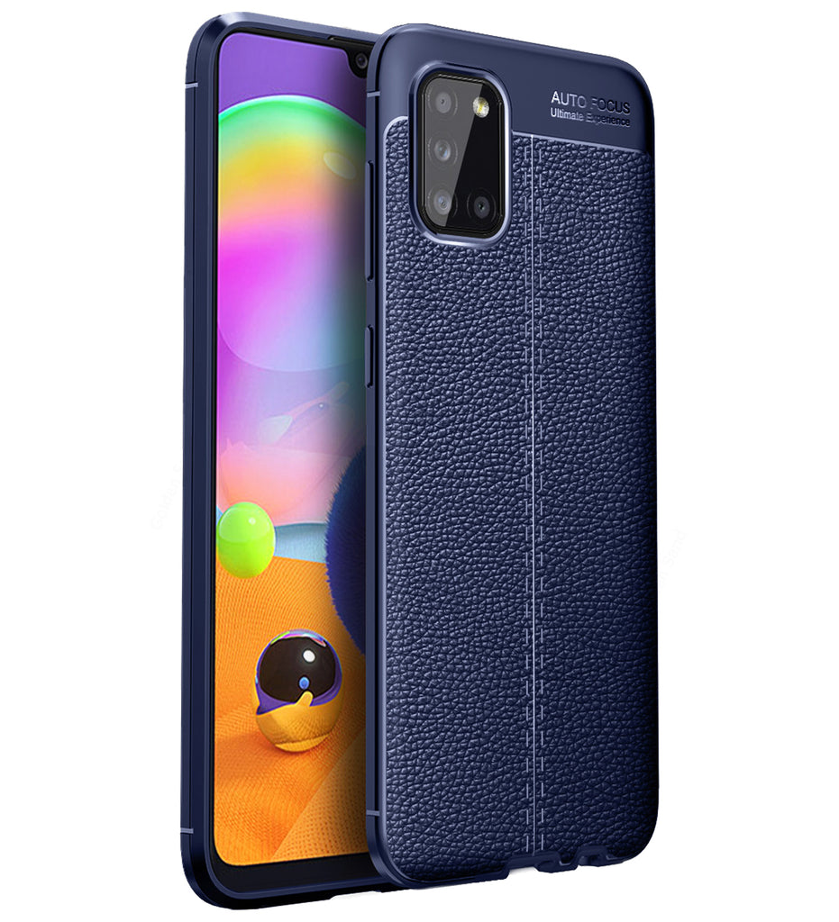 Leather Armor TPU Series Shockproof Armor Back Cover for Samsung Galaxy A31 6.4 inch, Blue