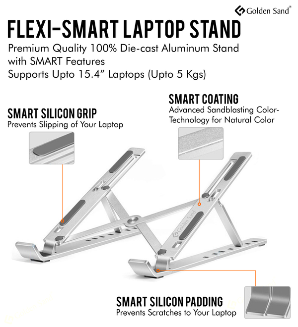Golden Sand FlexiSmart Laptop Holder Stand, Foldable Height Adjustable Metal Frame, Ergonomic, Over Heating Protection, for all Laptops & MacBooks