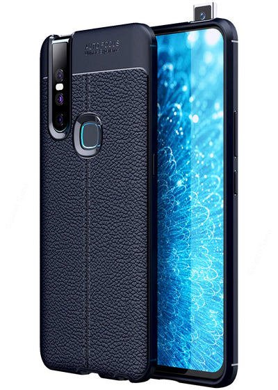 Vegan Leather Rugged Flexible TPU Series Shockproof Armor Back Cover for Vivo V15 4G, 6.53 inch, Blue