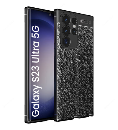 Vegan Leather Rugged Flexible TPU Series Shockproof Armor Back Cover for Samsung Galaxy S23 Ultra 5G, 6.8 inch, Black