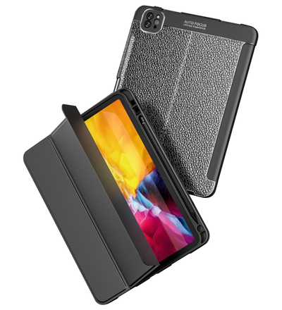 Vegan Leather Rugged Flexible TPU Slim Intelligent Protective Case For Apple iPad Pro 12.9 Inch [2020] [Apple Pencil Slot], Real Black