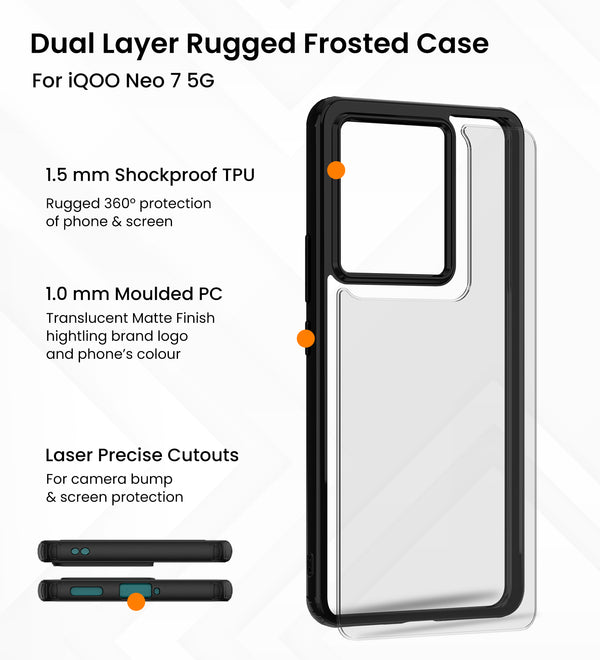 iQOO Neo 7 5G, iQOO Neo 7 Pro 5G (6.78 inch) Back Cover | Rugged Frosted Series, Black