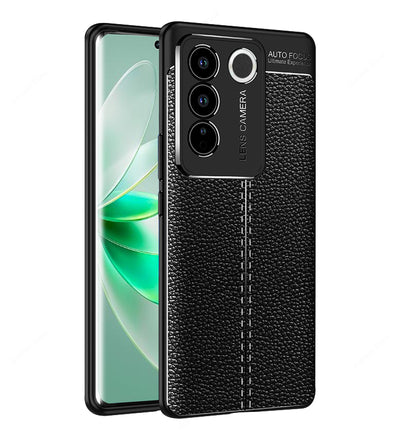 Vegan Leather Rugged Flexible TPU Series Shockproof Armor Back Cover for Vivo V27 5G, Vivo V27 Pro 5G, 6.78 inch, Black
