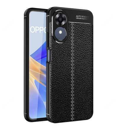 Vegan Leather Rugged Flexible TPU Series Shockproof Armor Back Cover for OPPO A17K 4G, 6.56 inch, Black