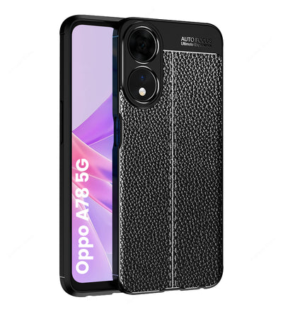 Vegan Leather Rugged Flexible TPU Series Shockproof Armor Back Cover for Oppo A78 5G, 6.56 inch, Black