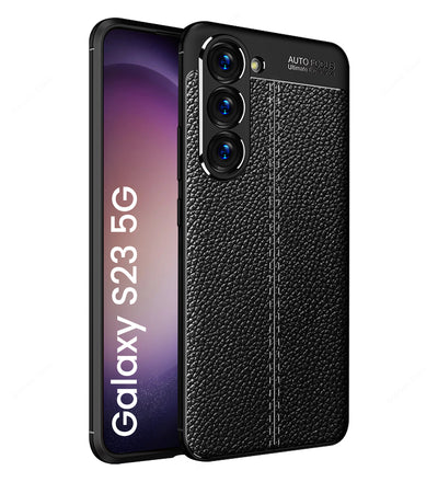 Vegan Leather Rugged Flexible TPU Series Shockproof Armor Back Cover for Samsung Galaxy S23 5G, 6.1 inch, Black