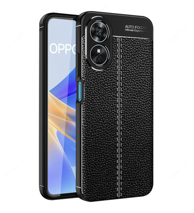 Vegan Leather Rugged Flexible TPU Series Shockproof Armor Back Cover for OPPO A17 4G, 6.56 inch, Black