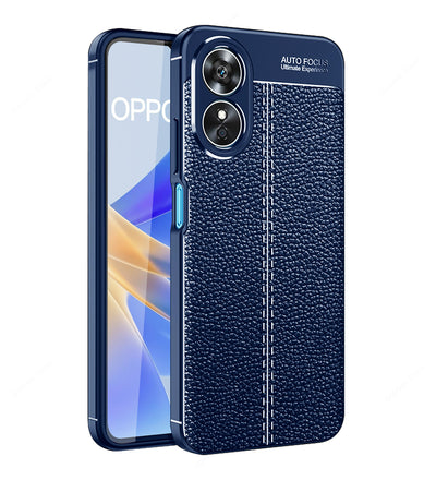 Vegan Leather Rugged Flexible TPU Series Shockproof Armor Back Cover for OPPO A17 4G, 6.56 inch, Blue