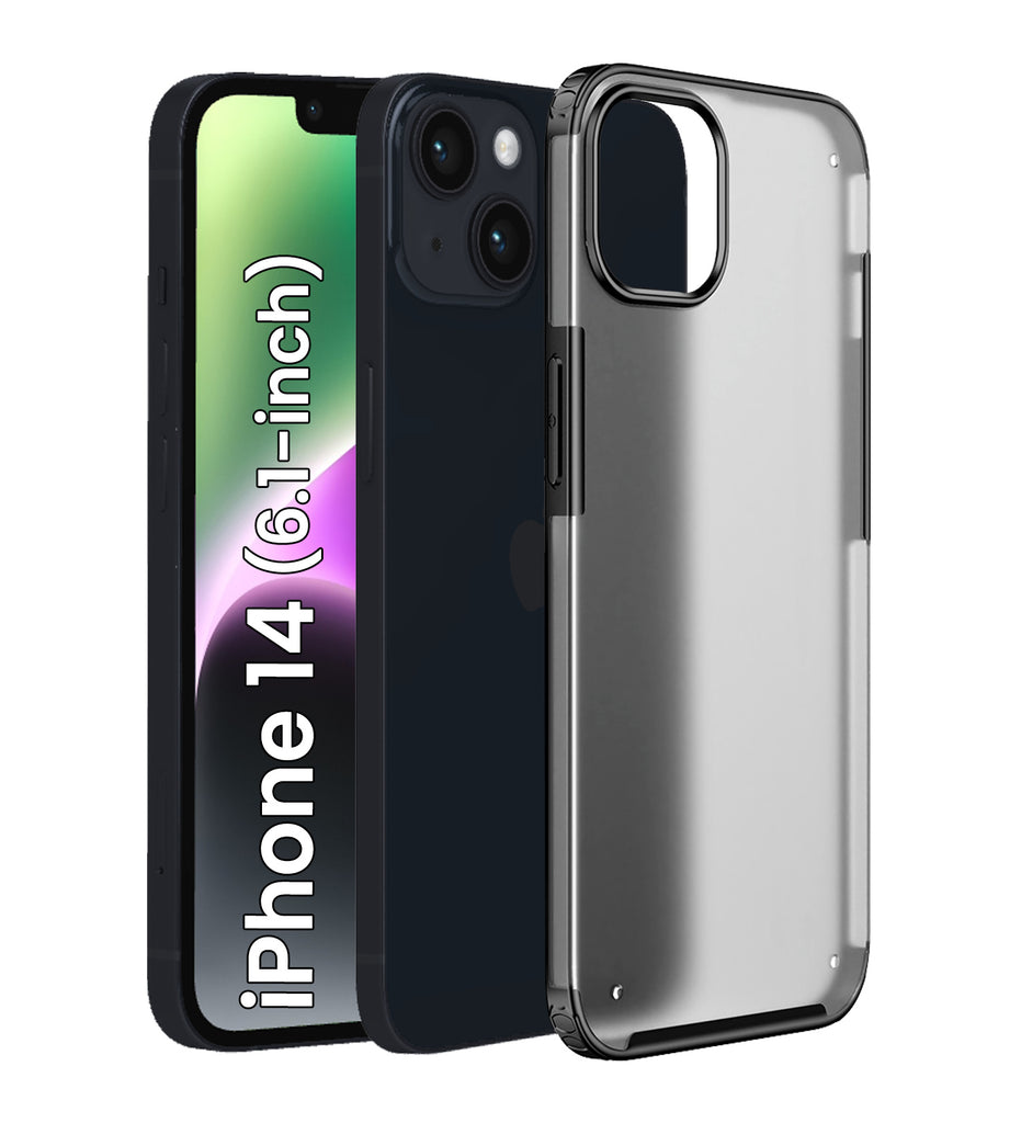 Rugged Frosted Semi Transparent PC Shock Proof Slim Back Cover for Apple iPhone 14, 6.1 inch, Black