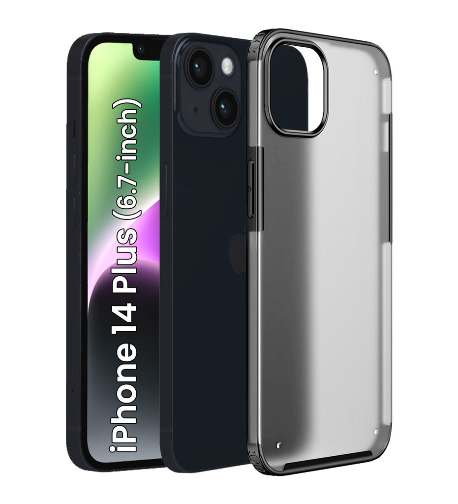 Rugged Frosted Semi Transparent PC Shock Proof Slim Back Cover for Apple iPhone 14 Plus, 6.7 inch, Black